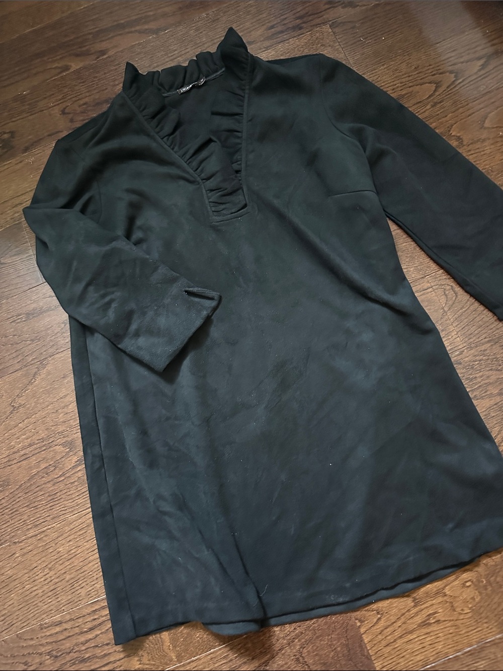 Black Ruffle V-Neck faux suede Tunic Top